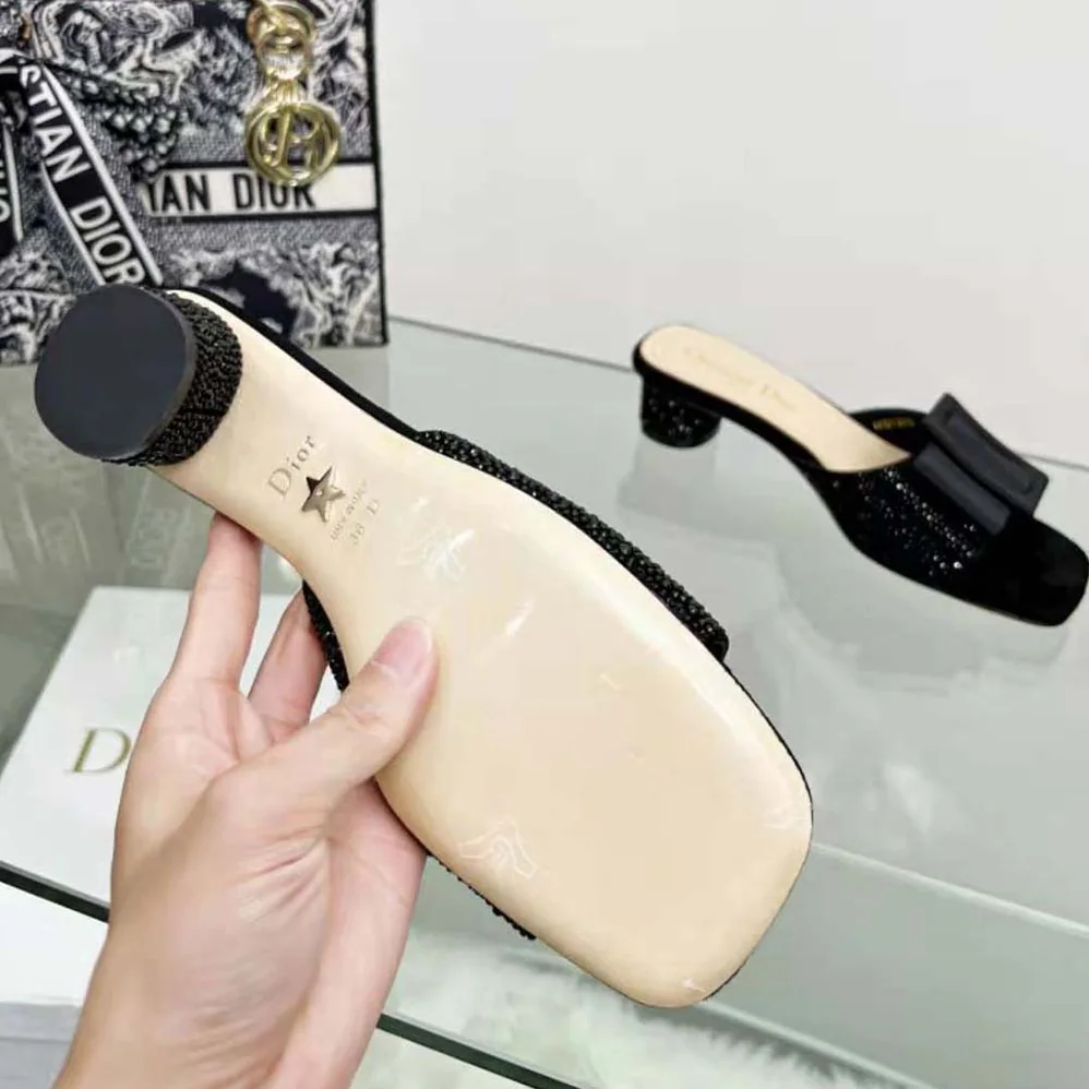 Dior Idylle Heeled Slide Black Suede Covered with Strass and Grosgrain for Women Dior Idylle Heeled Slide Black Suede Covered with Strass and Grosgrain for Women
