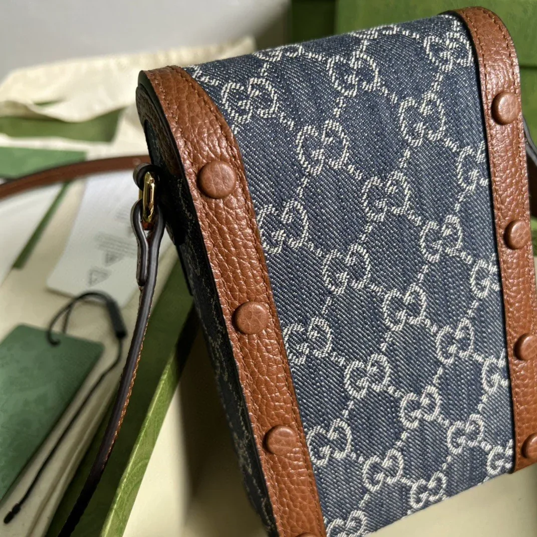 Gucci Horsebit 1955 Mini Bag Blue And Ivory GG Denim Jacquard /