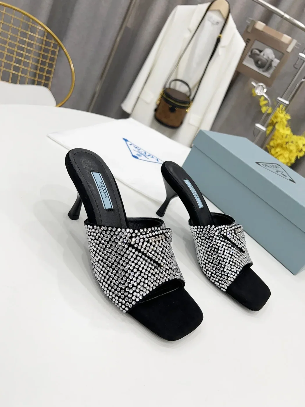 Prada Satin Heeled Sandals With Crystals Silver /