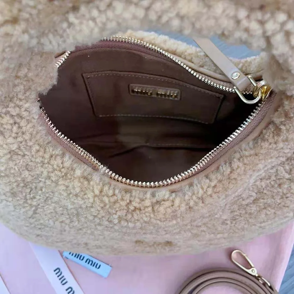 Miu Miu Wander Shearling Hobo Bag with Leather Details for Women in Sandy