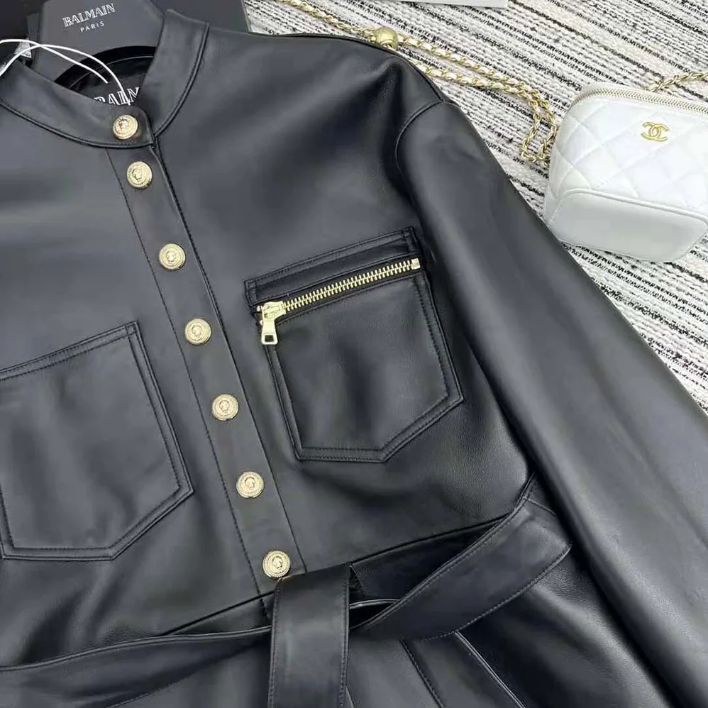 Balmain Leather Overshirt with Lace for Women in up Details