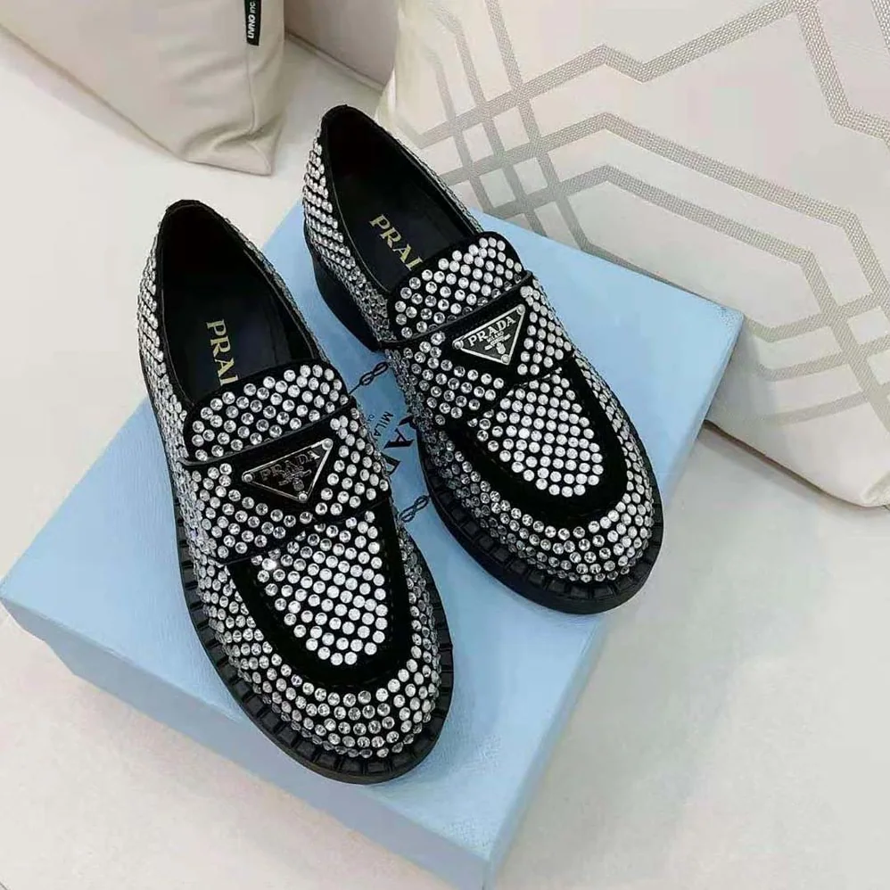 Prada Chocolate Satin Loafers with Crystals for Women in Silver Prada Chocolate Satin Loafers with Crystals for Women in Silver