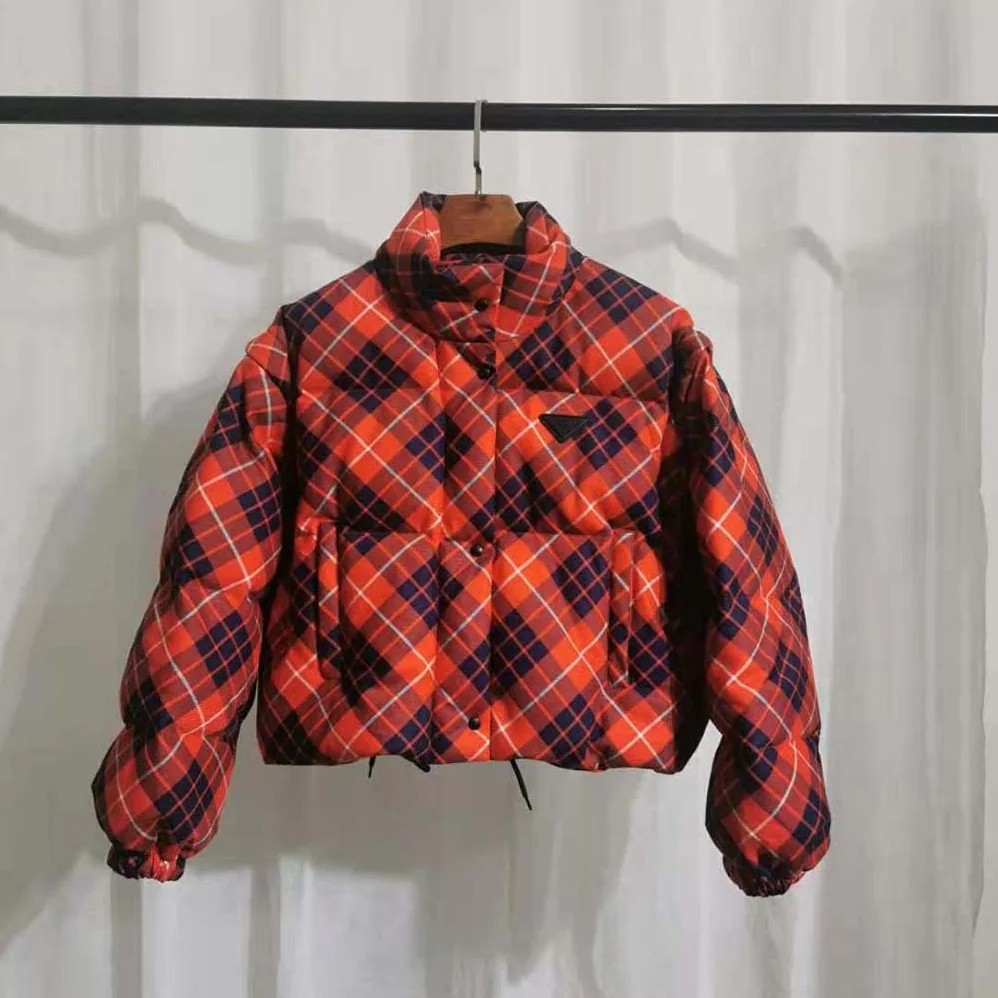 Prada Cropped Plaid Puffer Jacket for Women in Red
