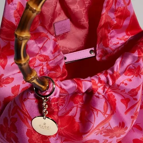 Gucci Silk Maxi With Bamboo Handle Tote Bag in Fuchsia/ Multicolor Gold Hardware Gucci Silk Maxi With Bamboo Handle Tote Bag in Fuchsia/ Multicolor Gold Hardware