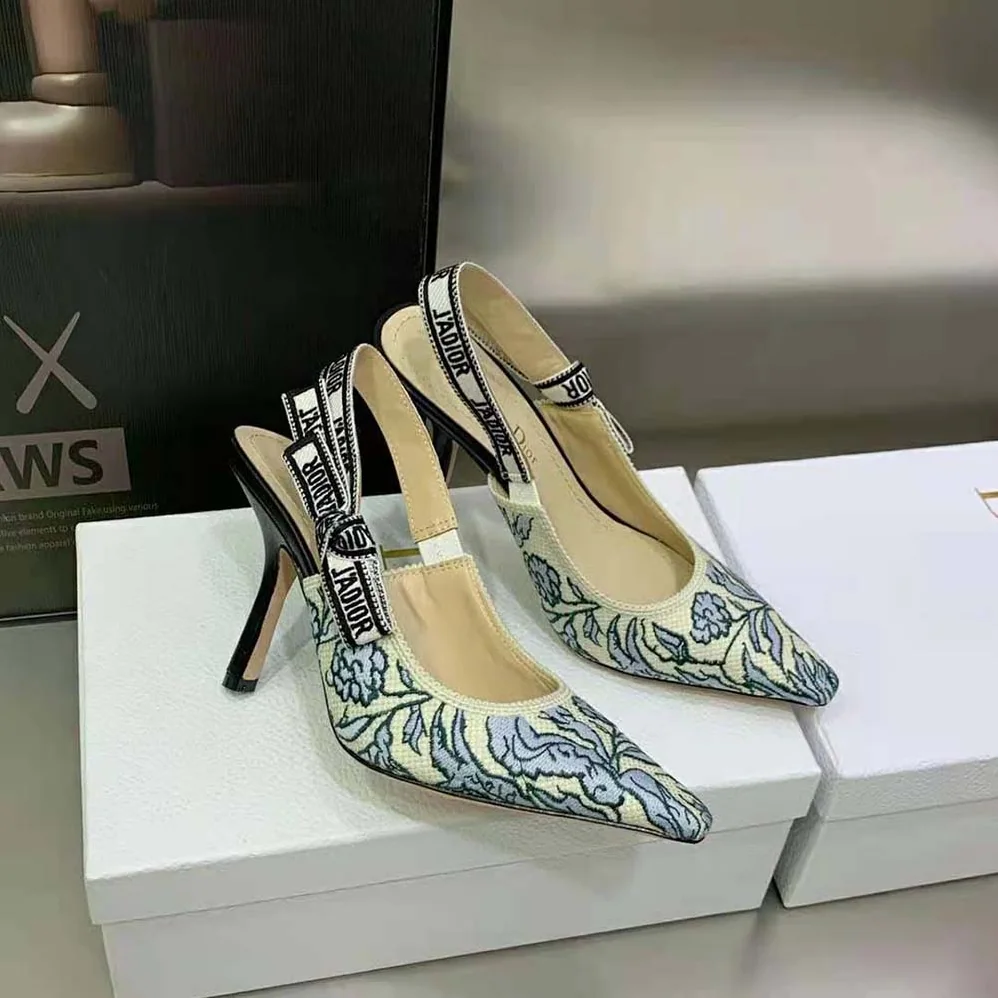 Dior J'Adior Slingback Pump Duck Blue Dior Brocart Embroidered Cotton with Gold for Women in Tone Metallic Thread