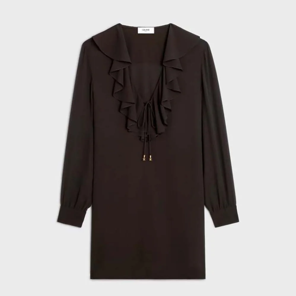 Celine Jabot Mini Dress in Silk Georgette for Women in Black Celine Jabot Mini Dress in Silk Georgette for Women in Black