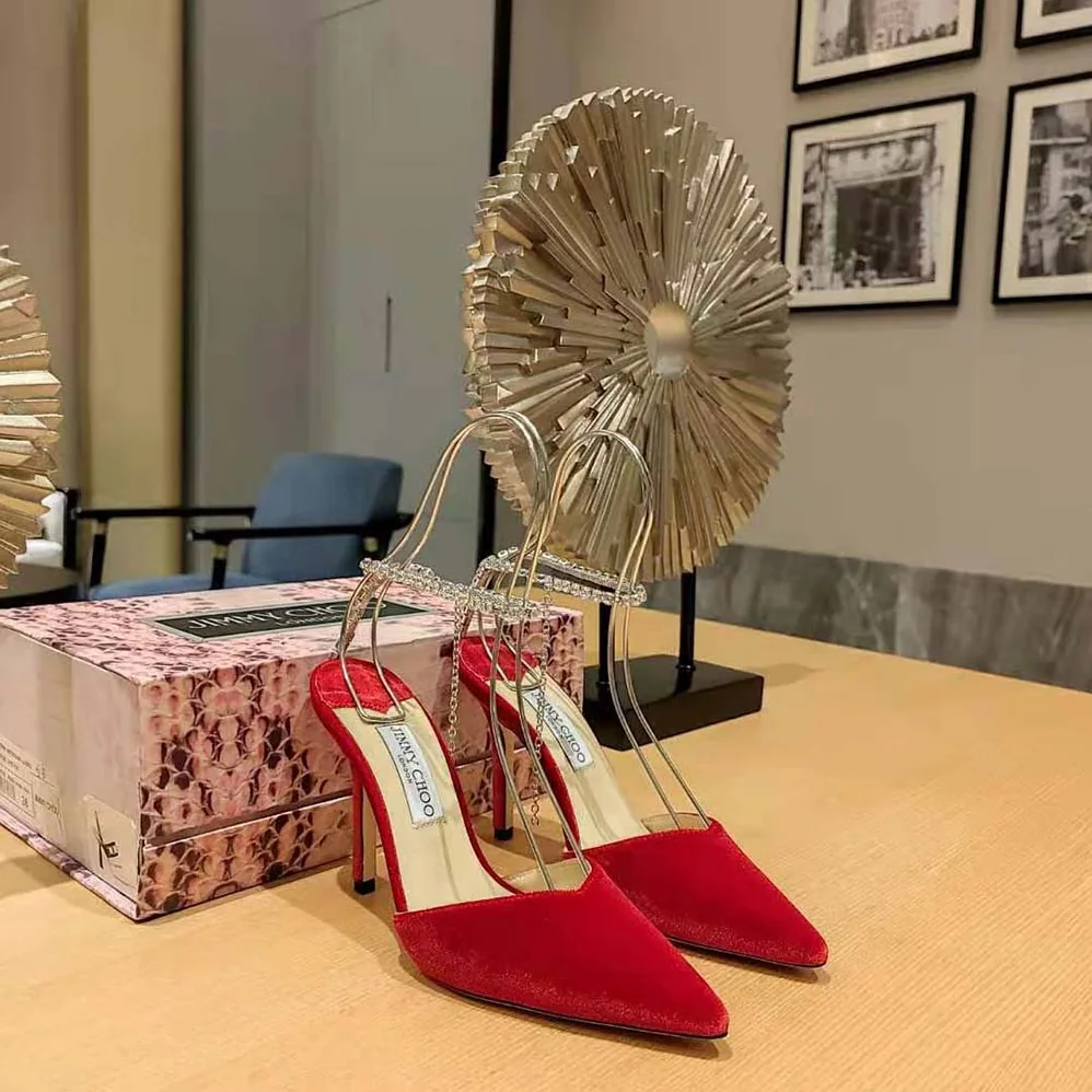 Jimmy Choo Saeda 85 Red Velvet Pumps with Crystal Embellishment for Women Jimmy Choo Saeda 85 Red Velvet Pumps with Crystal Embellishment for Women