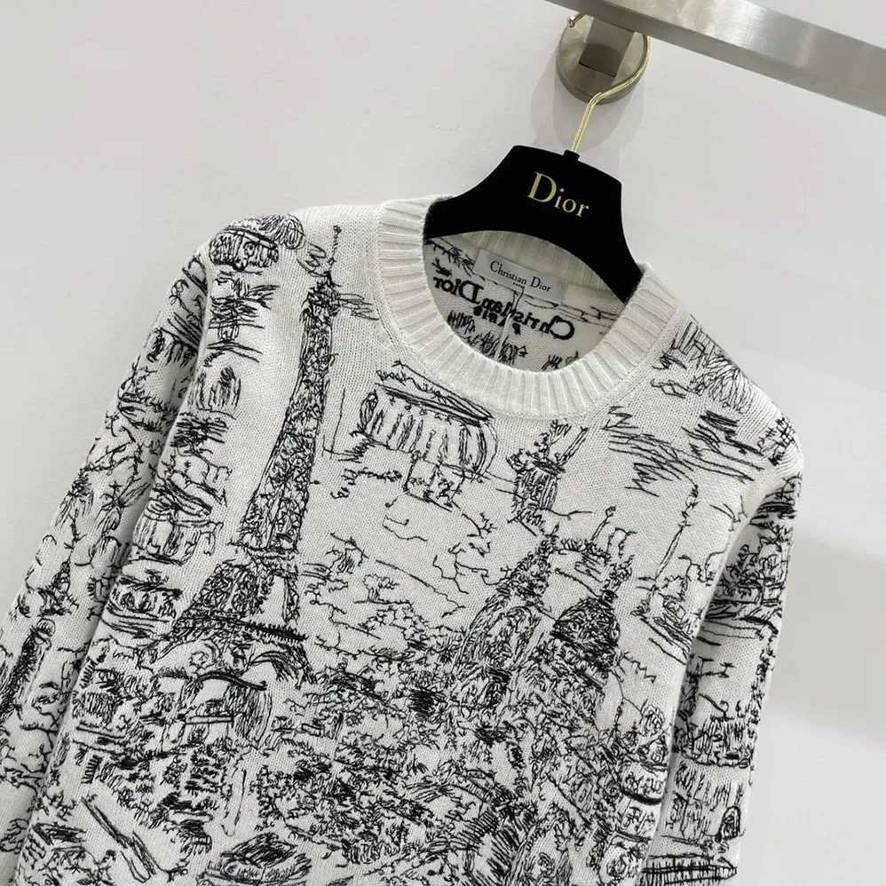 Dior Embroidered Sweater White and Black Cashmere Knit with Paris Allover Motif for Women