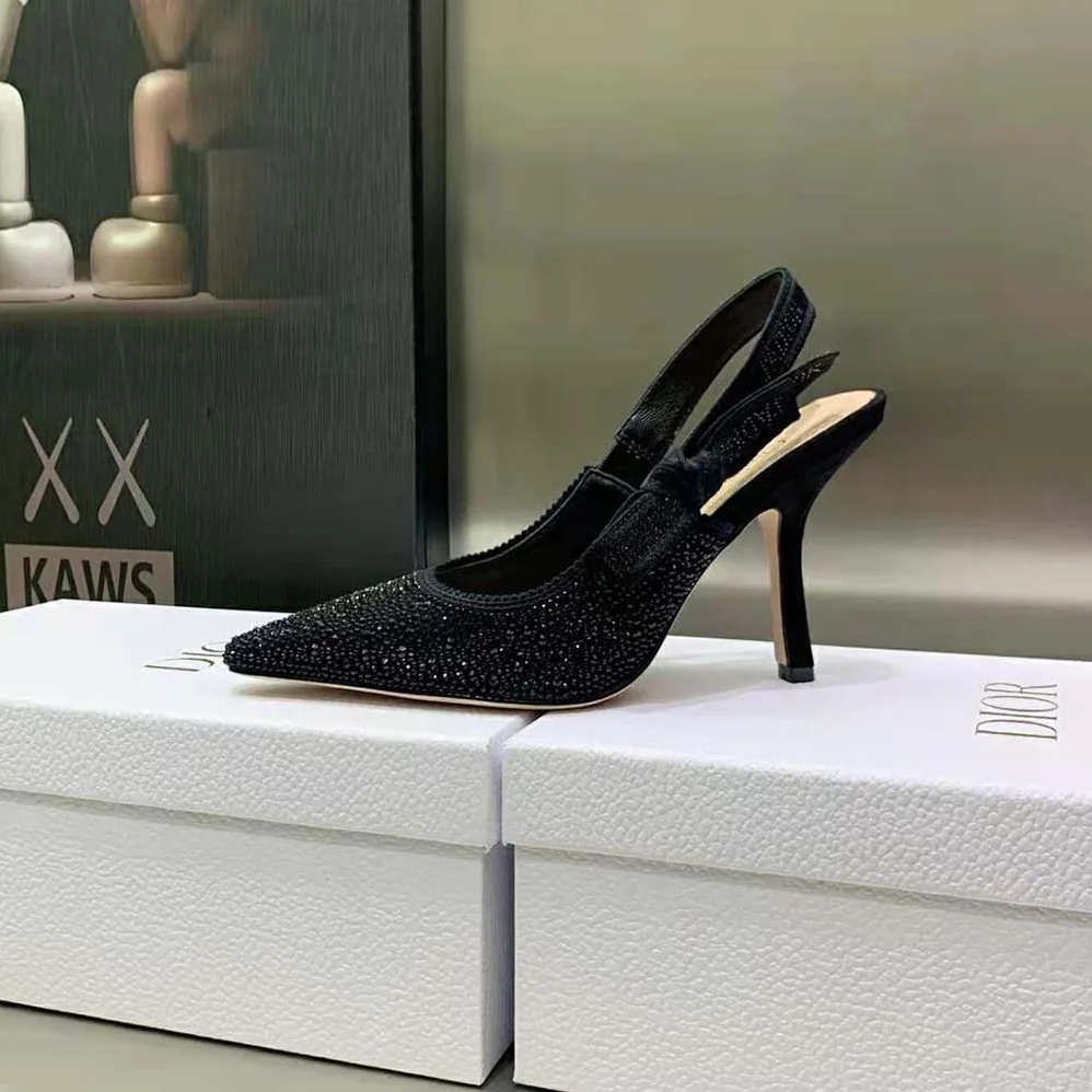 Dior J'Adior Slingback Pump Black Cotton Embroidered with Strass for Women Dior J'Adior Slingback Pump Black Cotton Embroidered with Strass for Women