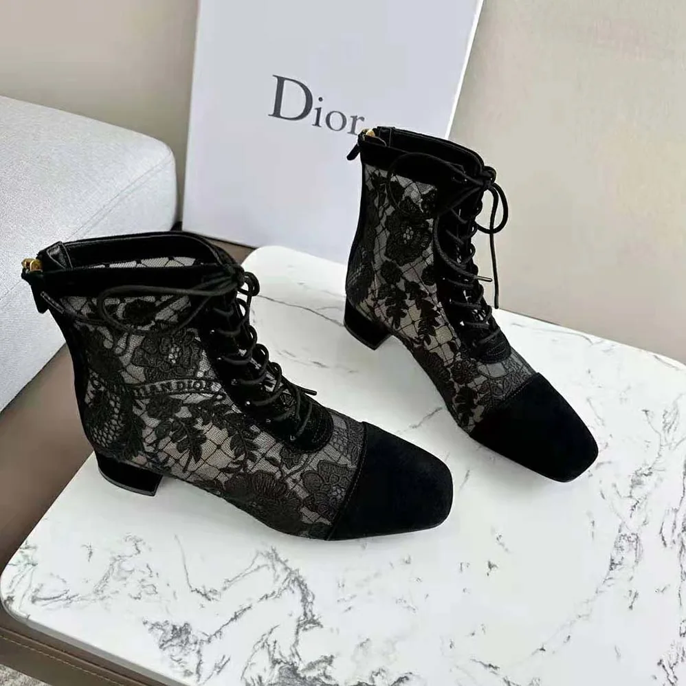 Dior Naughtily-d Ankle Boot Black Transparent Mesh and Suede Embroidered for Women