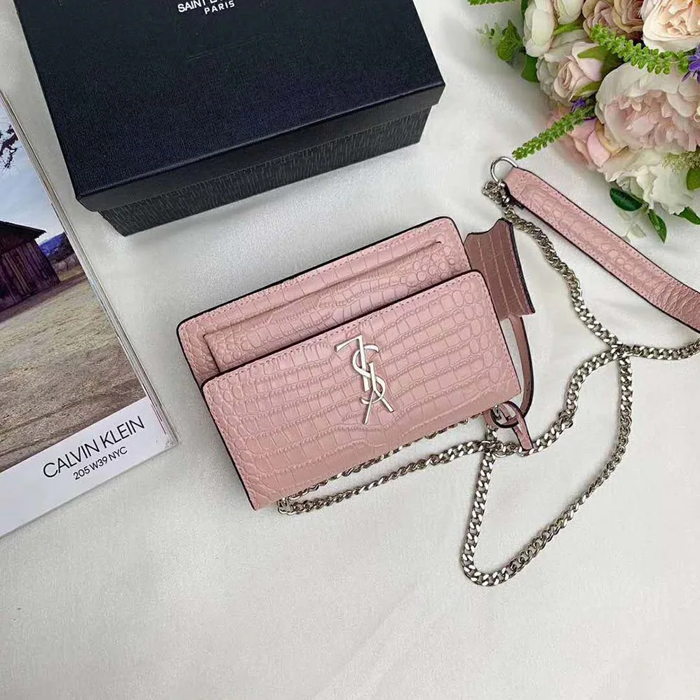 Saint Laurent YSL Sunset Medium Crocodile Embossed Shiny for Women in Pink Saint Laurent YSL Sunset Medium Crocodile Embossed Shiny for Women in Pink
