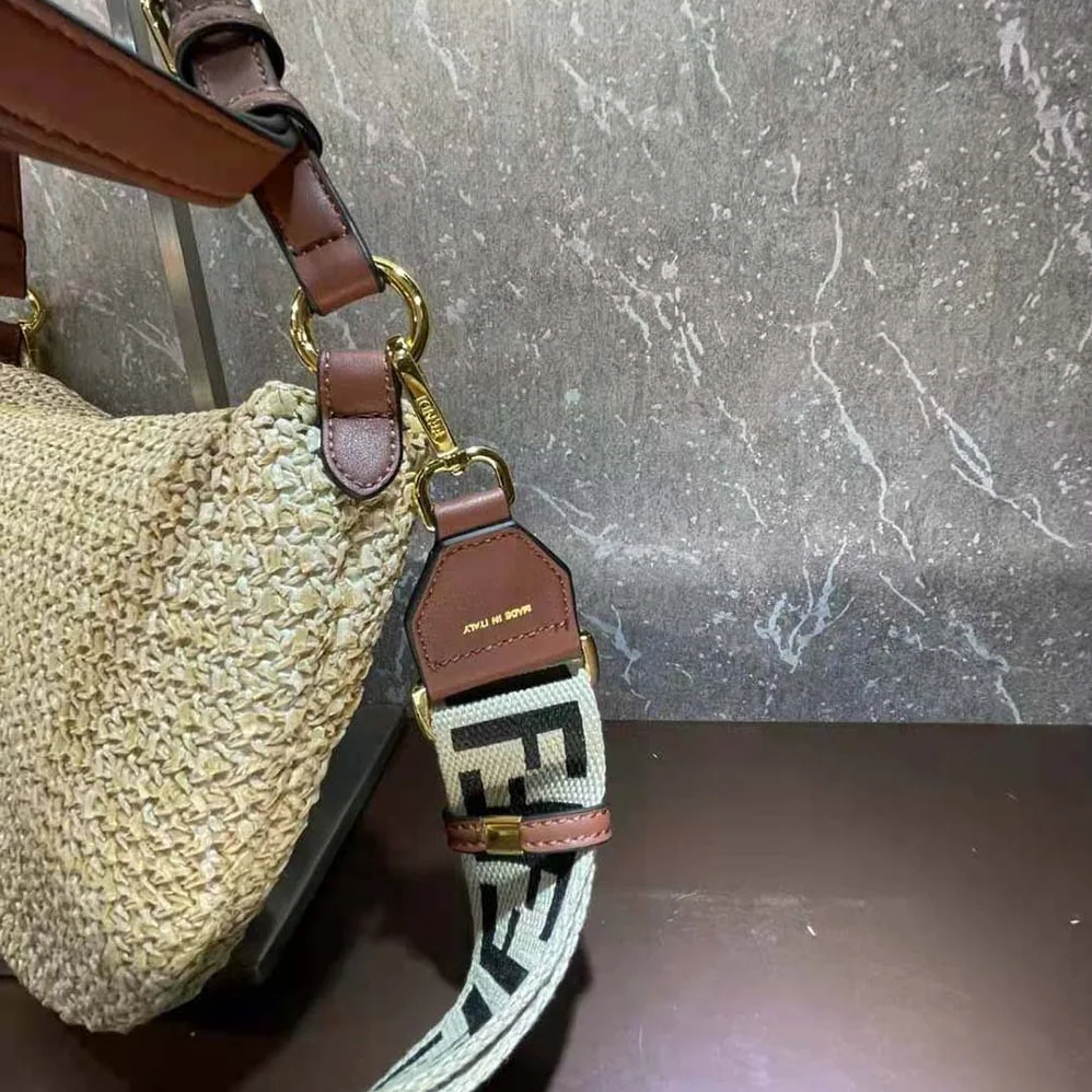 Fendi Small Croissant Woven Straw Bag for Women in Beige