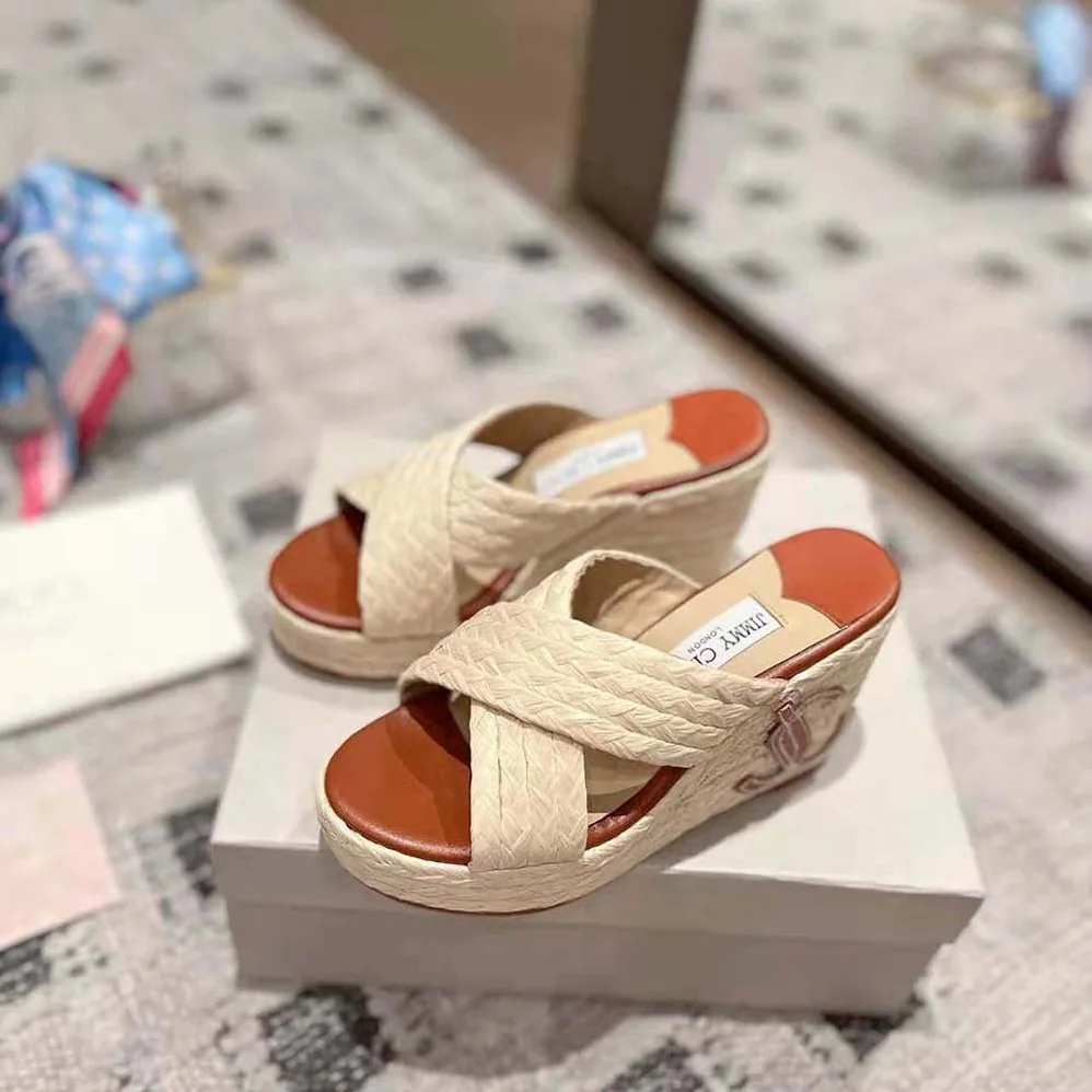 Jimmy Choo Dovina 100 Natural Raffia Wedge Mules with JC Monogram for Women
