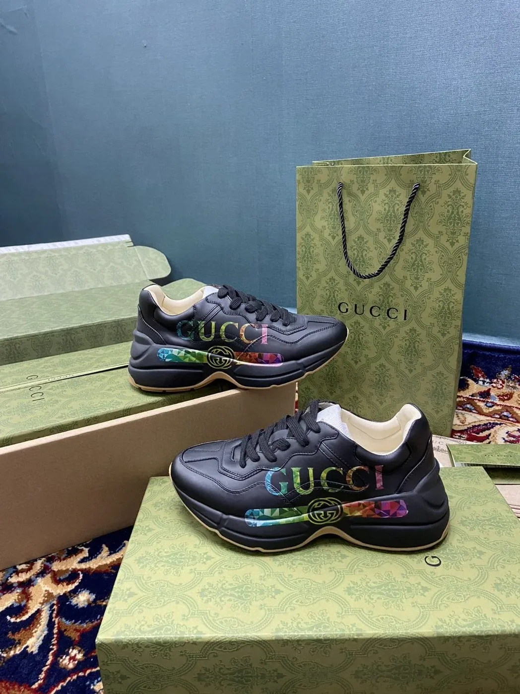 Gucci Rhyton Sneakers With Iridescent Logo Black for Men Gucci Rhyton Sneakers With Iridescent Logo Black for Men