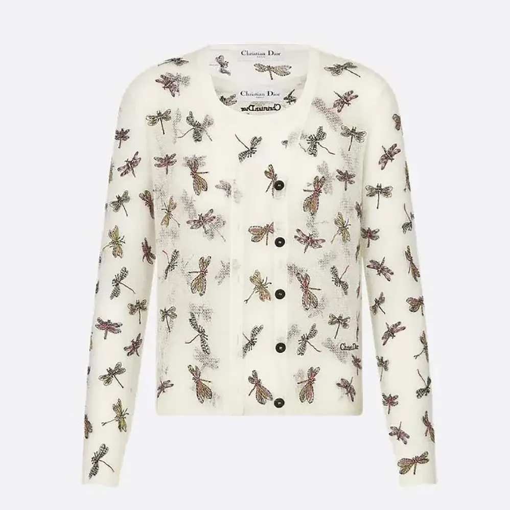 Dior Twinset White Mohair and Alpaca Blend Knit with Multicolor Dragonfly Motif for Women