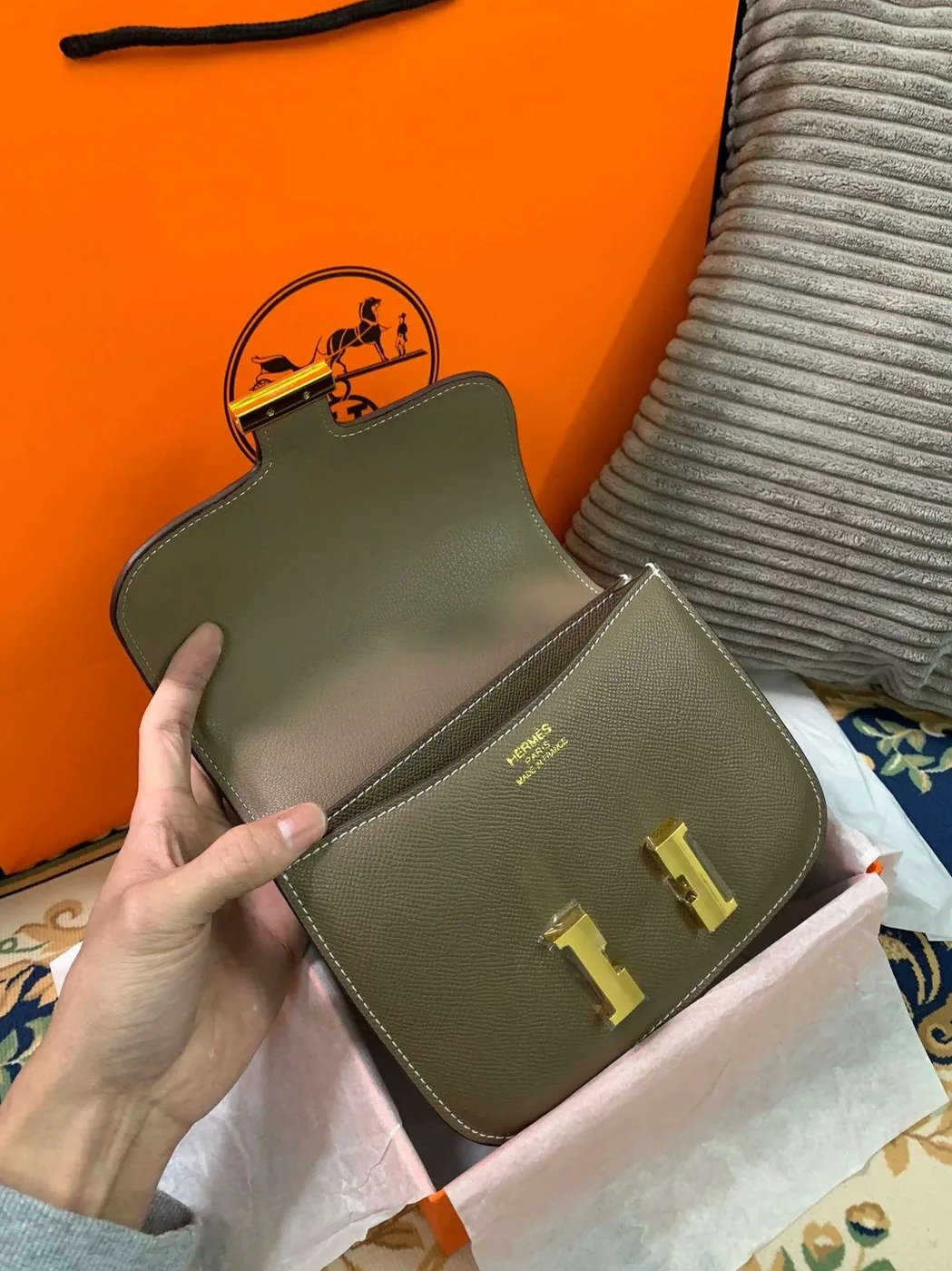 Hermes Constance 18 Crossbody Bag in Khaki Green Gold Hardware