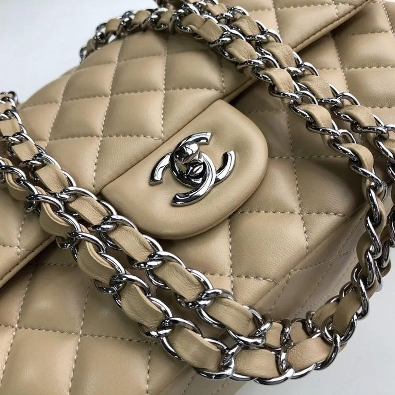 Chanel Classic Double Flap Bag Medium Crossbody in Beige Silver Hardware