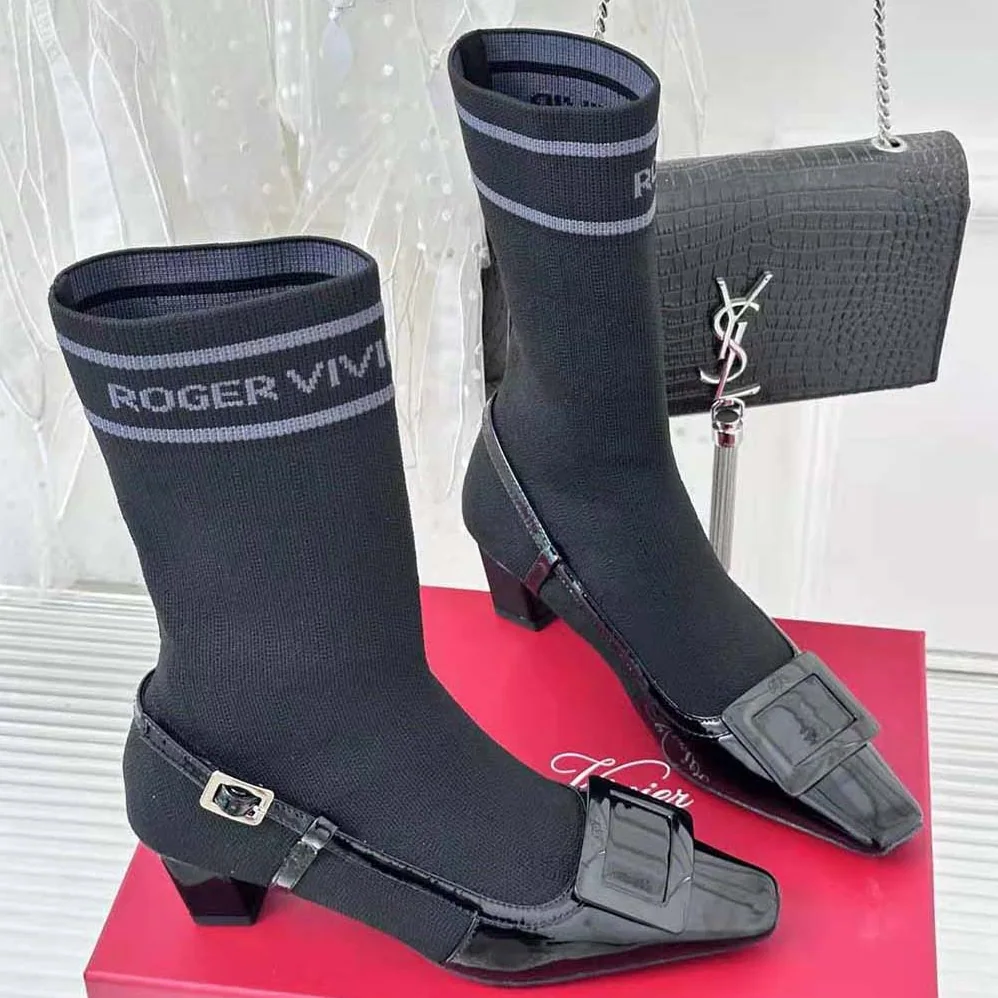 Roger Vivier Belle Vivier Sock Lacquered Buckle Ankle Boots in Patent Leather for Women in Black Roger Vivier Belle Vivier Sock Lacquered Buckle Ankle Boots in Patent Leather for Women in Black