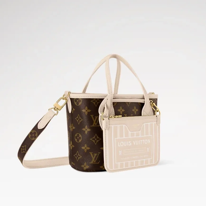 Louis Vuitton Neverfull Bandouliere Inside Out BB Tote Bag in Limestone Gold Hardware