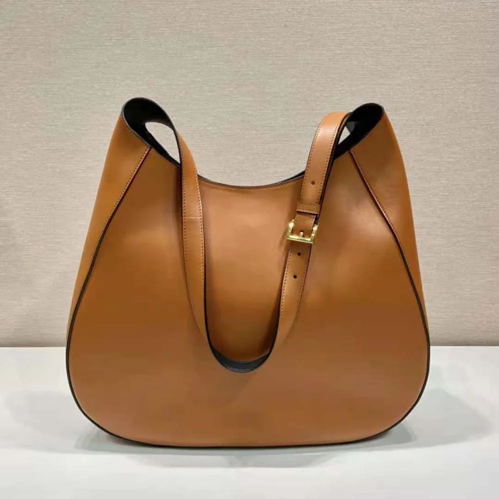 Prada Large Leather Shoulder Bag with Topstitching for Women in Brown Prada Large Leather Shoulder Bag with Topstitching for Women in Brown