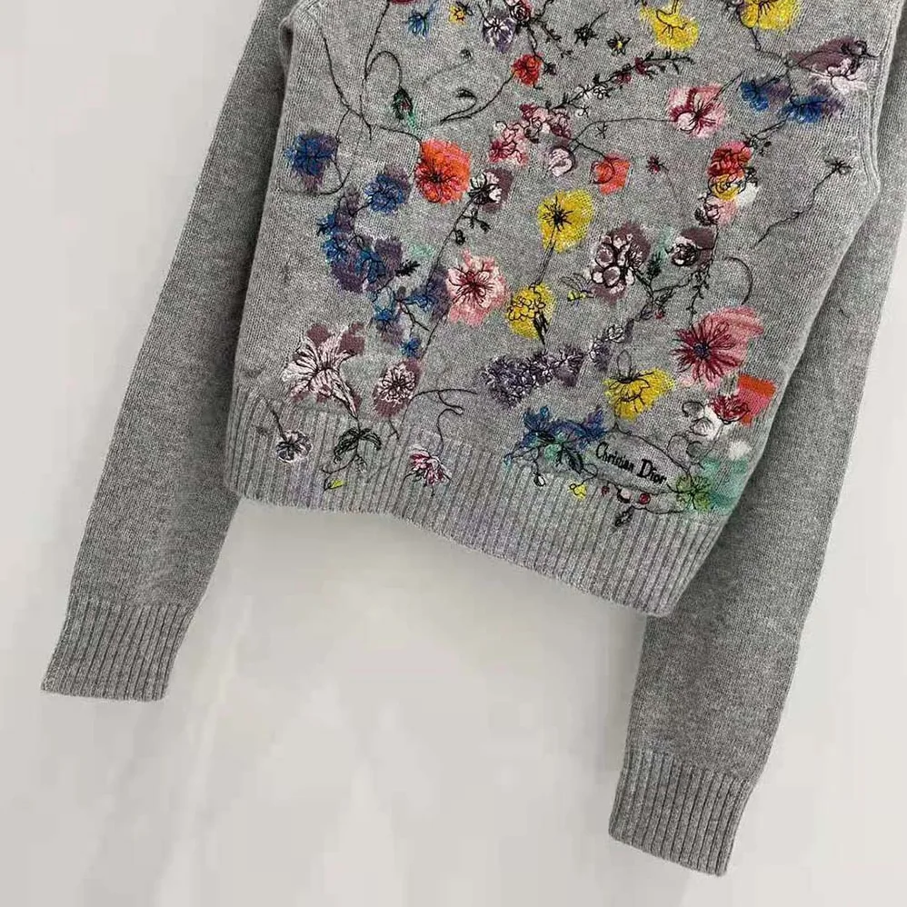 Dior Embroidered Sweater Gray Cashmere Knit with Red Multicolor Florilegio Motif for Women Dior Embroidered Sweater Gray Cashmere Knit with Red Multicolor Florilegio Motif for Women