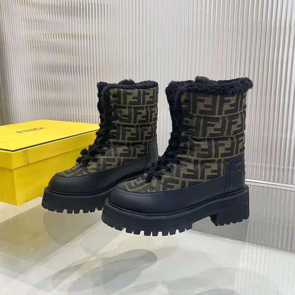 Fendi Signature Biker Boots Black Leather Biker Boots with FF Fabric for Women