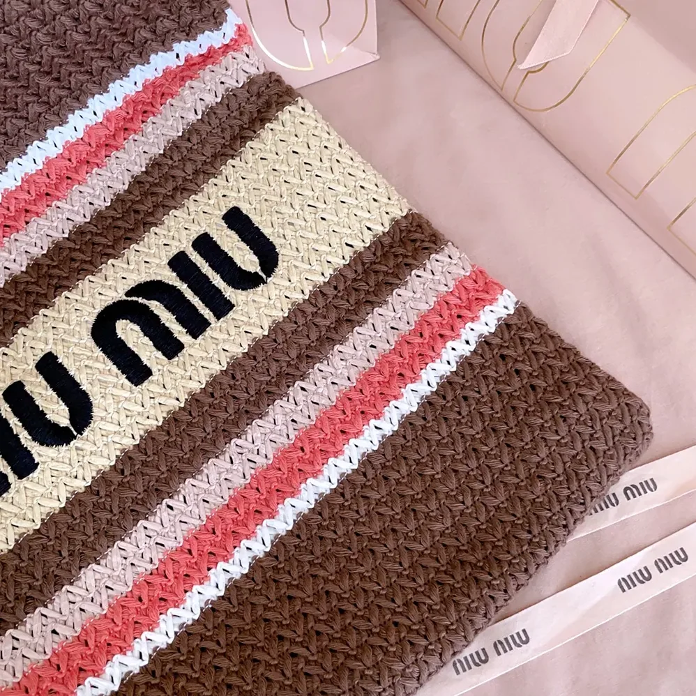 Miu Miu Raffia-Effect Woven Tote Bag for Women in Tobacco/Strawberry/Natural Miu Miu Raffia-Effect Woven Tote Bag for Women in Tobacco/Strawberry/Natural