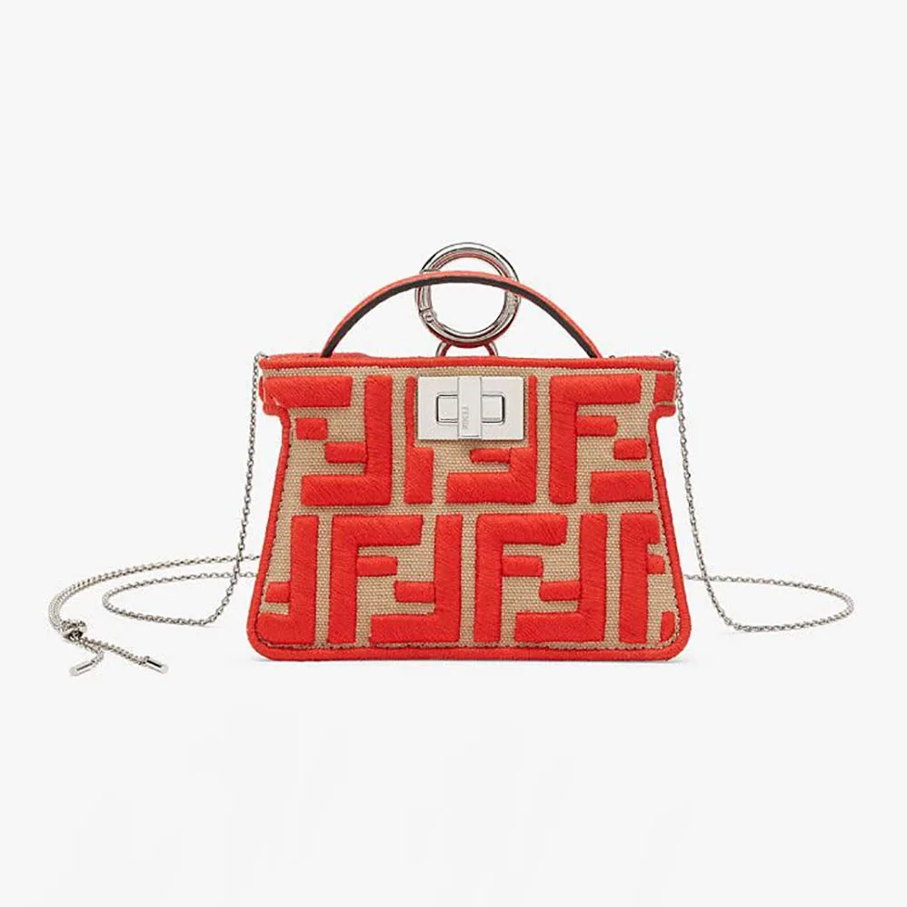 Fendi Nano Peekaboo Charm Gray FF Canvas Charm for Women in Red