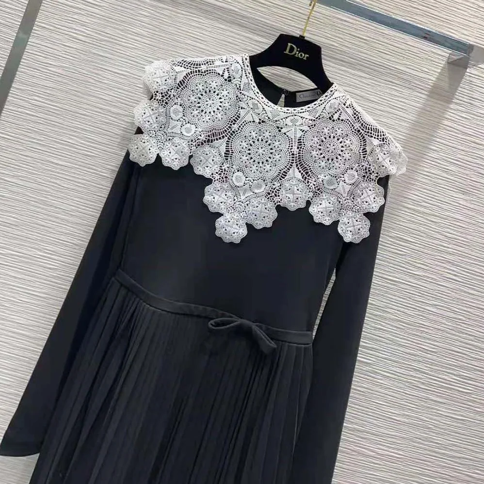 Dior Mid-Length Pleated Dress Black Technical Jersey and White Lace for Women Dior Mid-Length Pleated Dress Black Technical Jersey and White Lace for Women