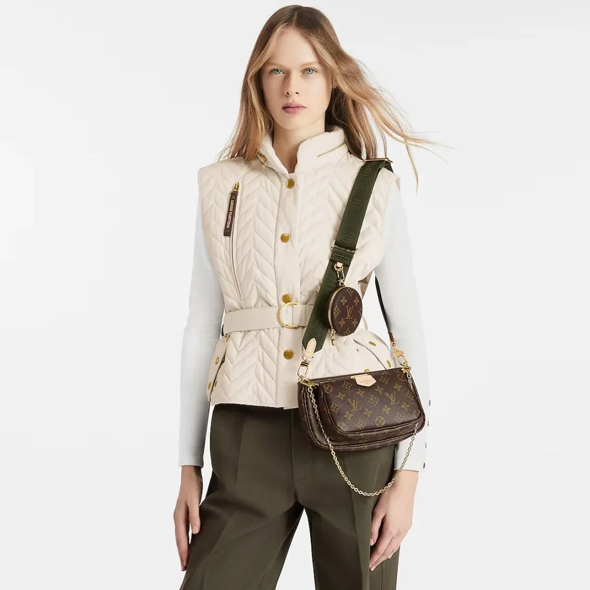 Louis Vuitton Multi Pochette Accessoire Shoulder Bag / Khaki Monogram Canvas Gold Hardware
