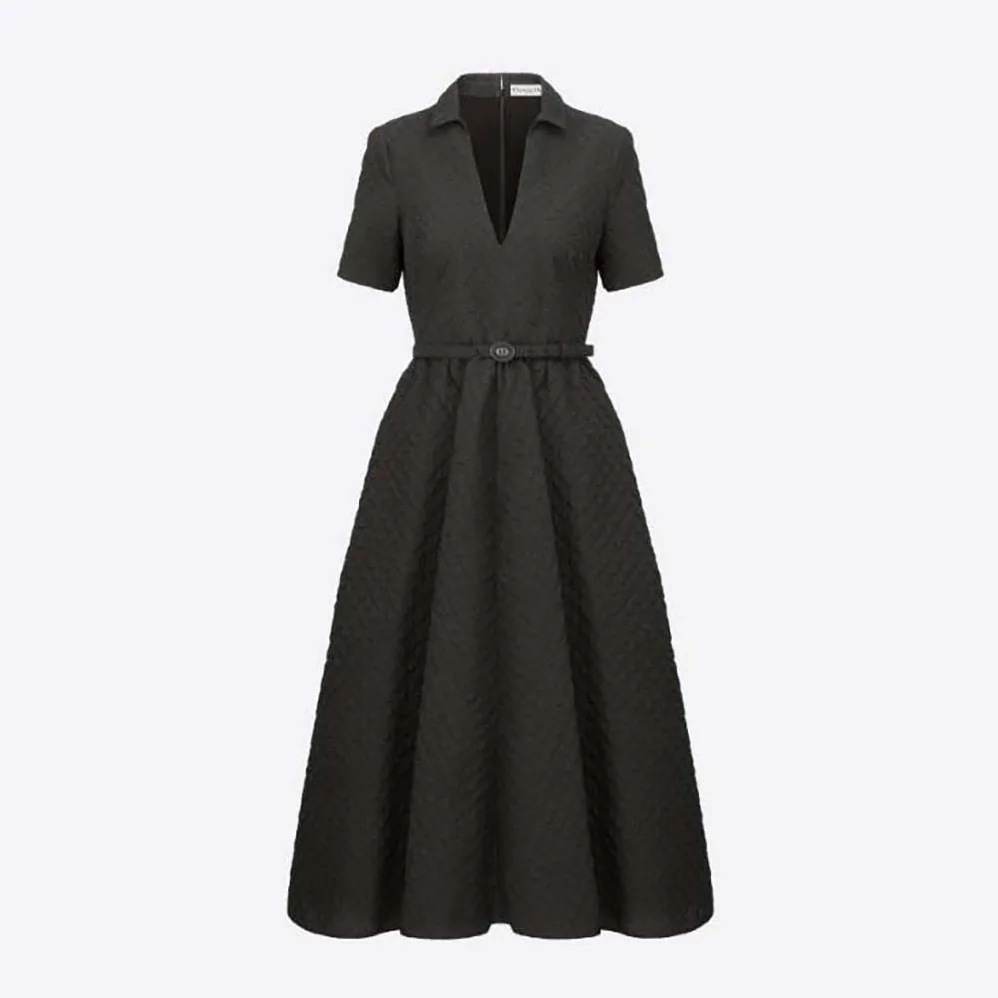 Dior Mid-Length Belted Dress Black Matte Cloqué Technical Fabric for Women