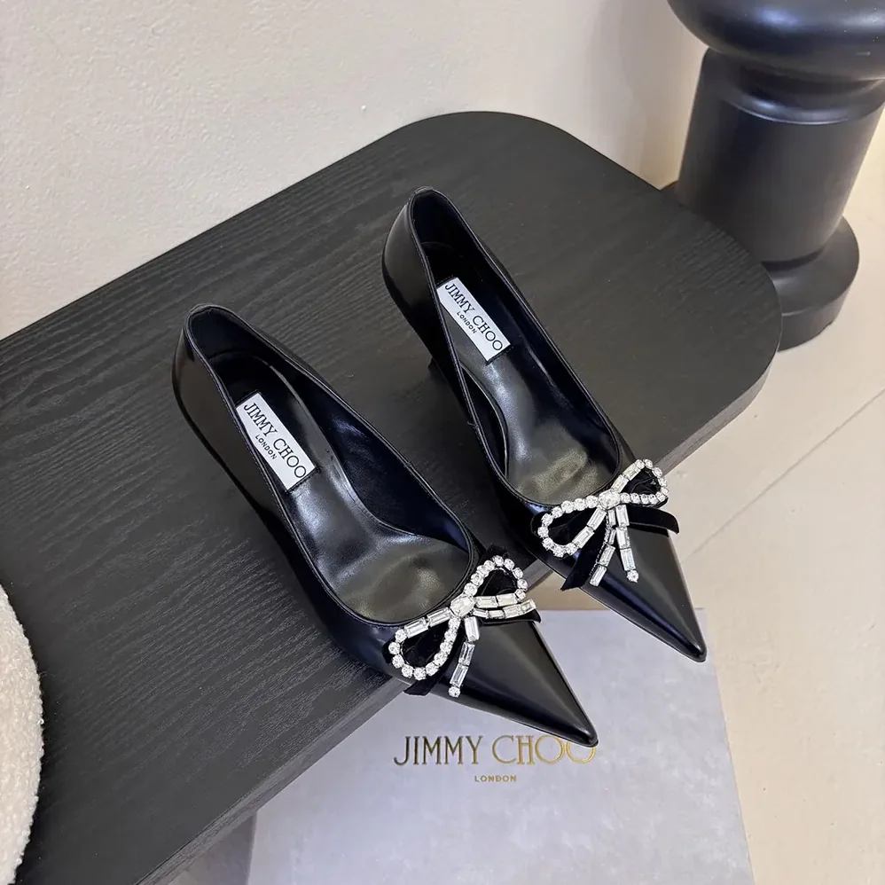 Jimmy Choo Auria 70mm Black Soft Spazzolato Pumps with Velvet and Crystal Bow for Women
