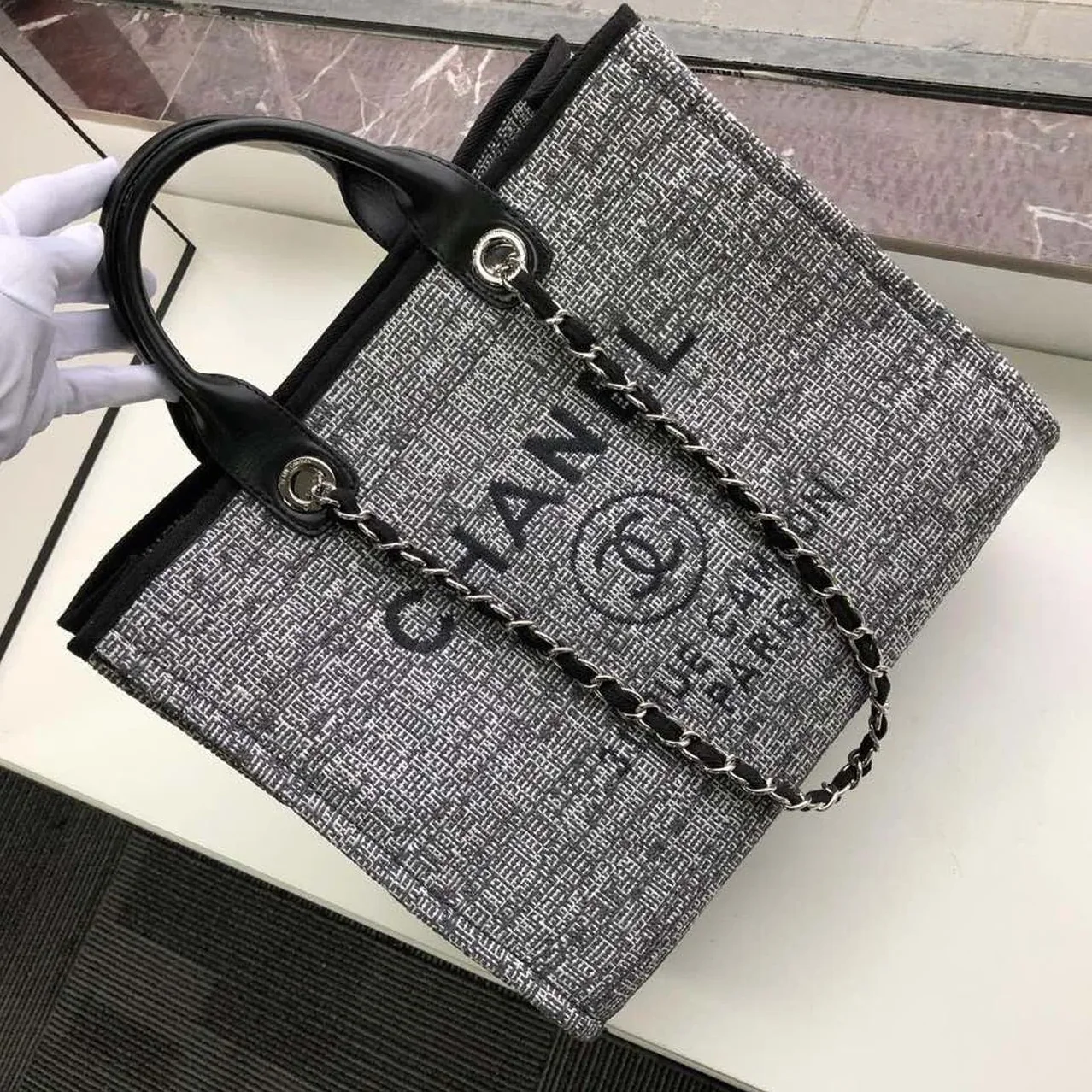 Chanel Deauville Tote Bag / Black/Grey Canvas Silver Hardware Chanel Deauville Tote Bag / Black/Grey Canvas Silver Hardware