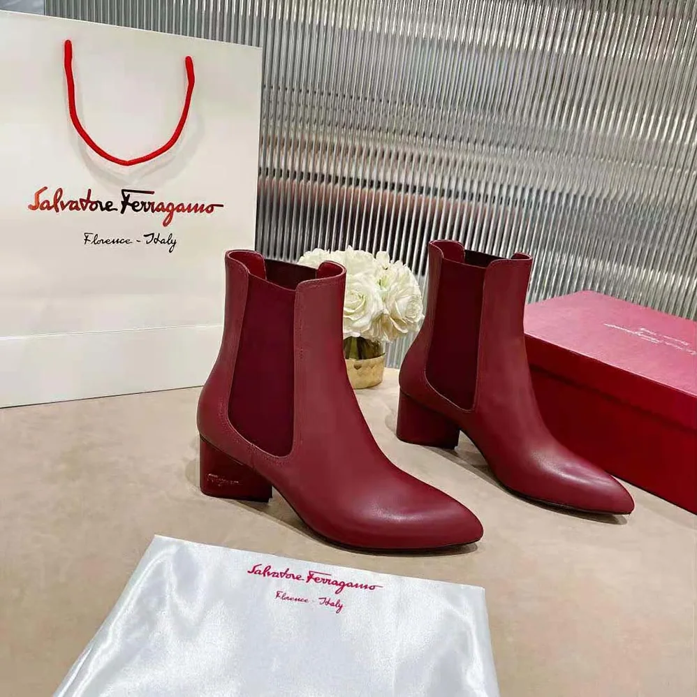 Salvatore Ferragamo Chelsea Boot in 55mm Heel for Women in Maroon Salvatore Ferragamo Chelsea Boot in 55mm Heel for Women in Maroon