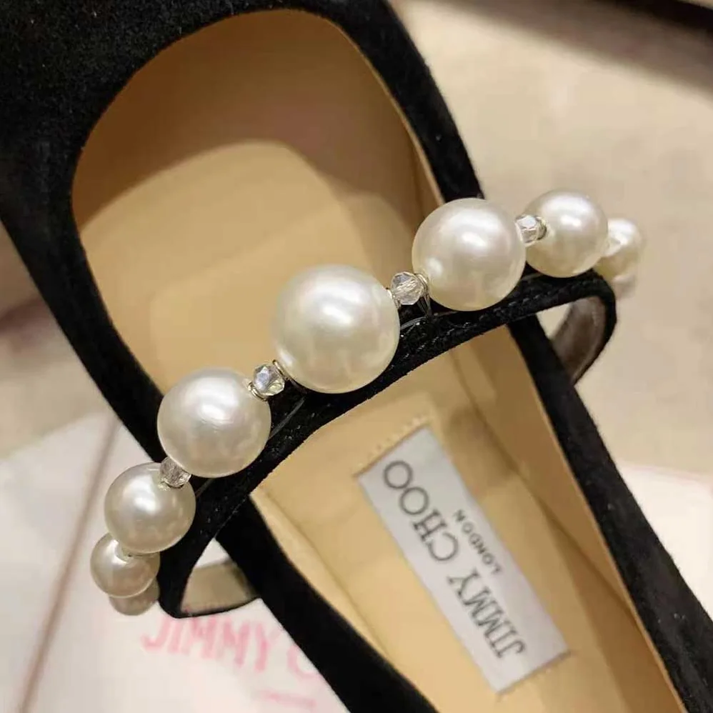Jimmy Choo ADE Flat Black Suede Flats with Pearl Embellishment for Women Jimmy Choo ADE Flat Black Suede Flats with Pearl Embellishment for Women