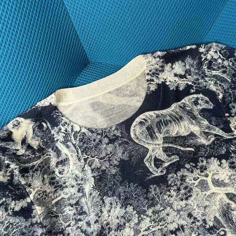 Dior T-shirt Navy Blue Toile de Jouy Cotton and Linen Jersey for Women