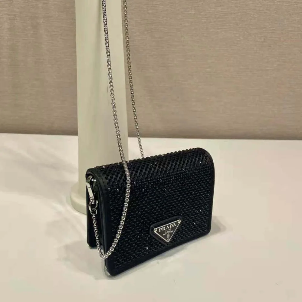 Prada Cardholder with Shoulder Strap and Crystals for Women in Black Prada Cardholder with Shoulder Strap and Crystals for Women in Black