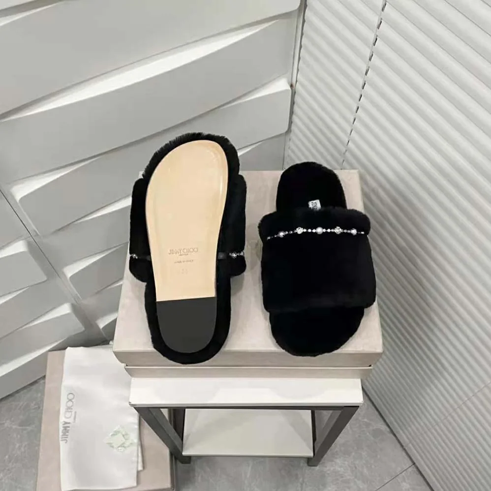 Jimmy Choo Acinda Slipper Black Shearling Slippers with Crystal and Pearl Detailing for Women