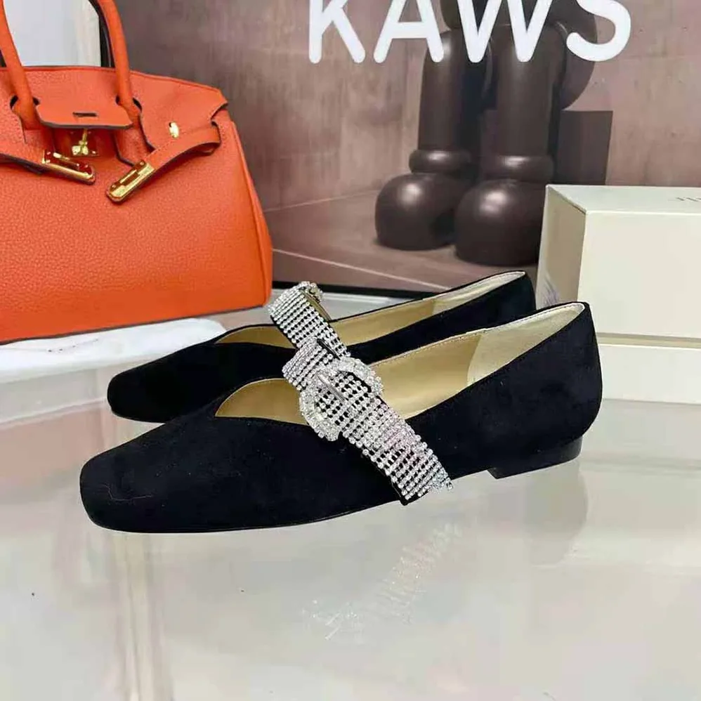 Jimmy Choo Krista Flat Black Suede Flats with Crystal for Women in Embellished Strap