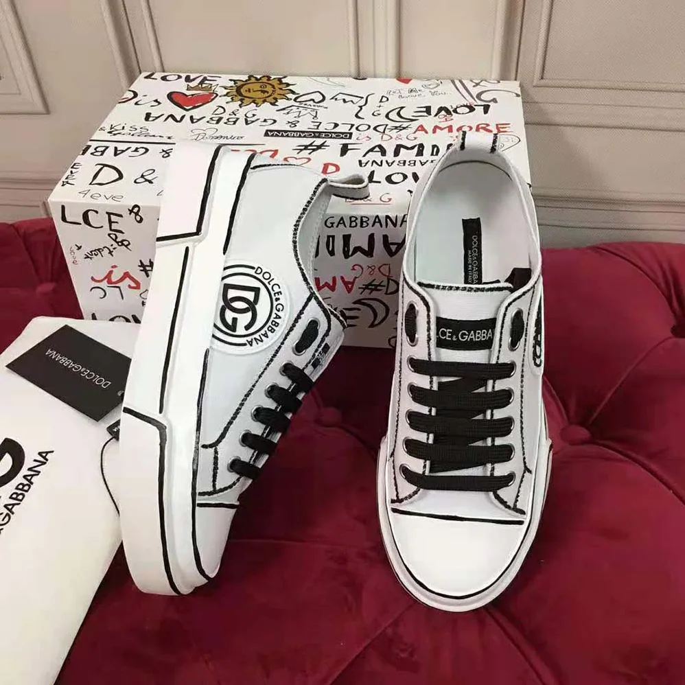 Dolce Gabbana D&G Hand-painted Canvas Portofino Light Sneakers for Women in White Dolce Gabbana D&G Hand-painted Canvas Portofino Light Sneakers for Women in White