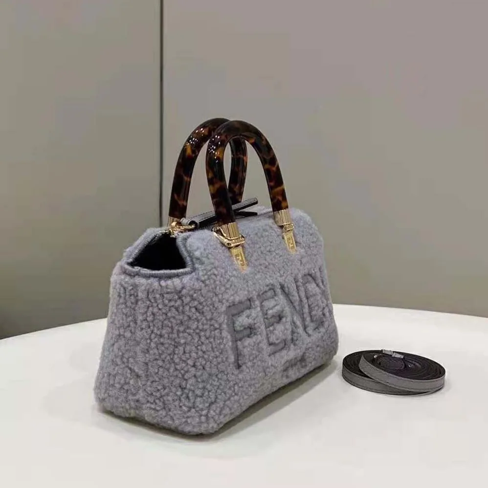Fendi By The Way Mini Light Gray Sheepskin Small Boston Bag for Women Fendi By The Way Mini Light Gray Sheepskin Small Boston Bag for Women