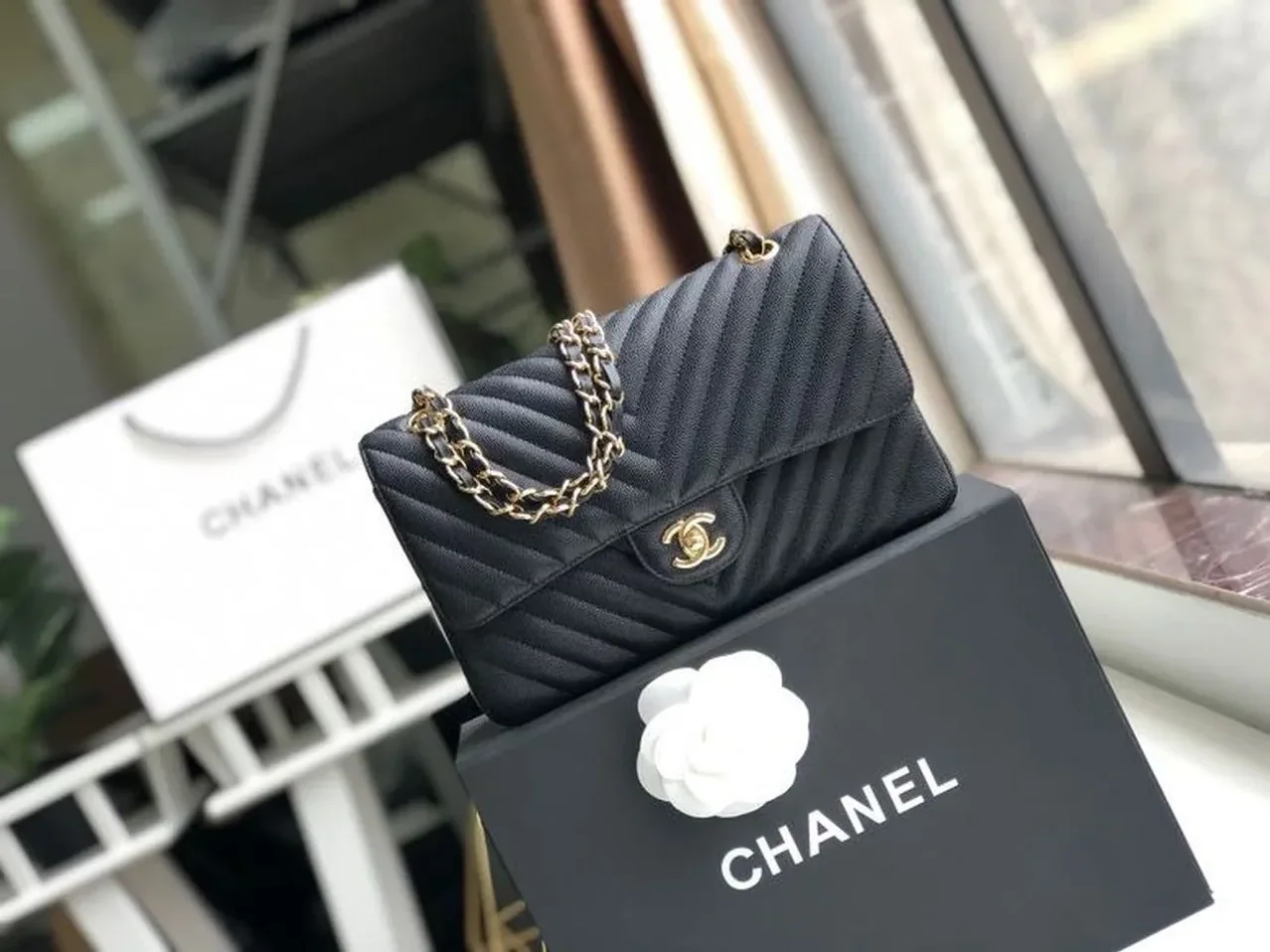 Chanel Chevron Classic Flap Medium Crossbody Bag in Black Gold Toned Hardware