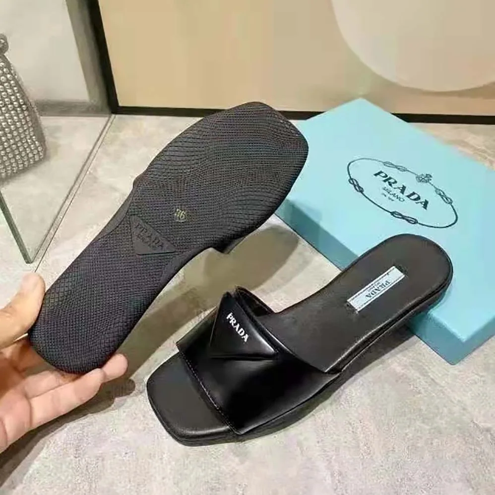 Prada Brushed Leather Slides Triangle Logo for Women in Black Prada Brushed Leather Slides Triangle Logo for Women in Black