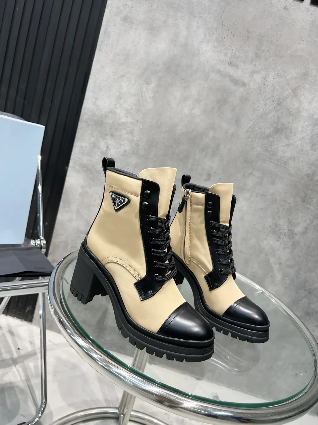 Prada Tronchetti Lace in Up Boots Beige PRD