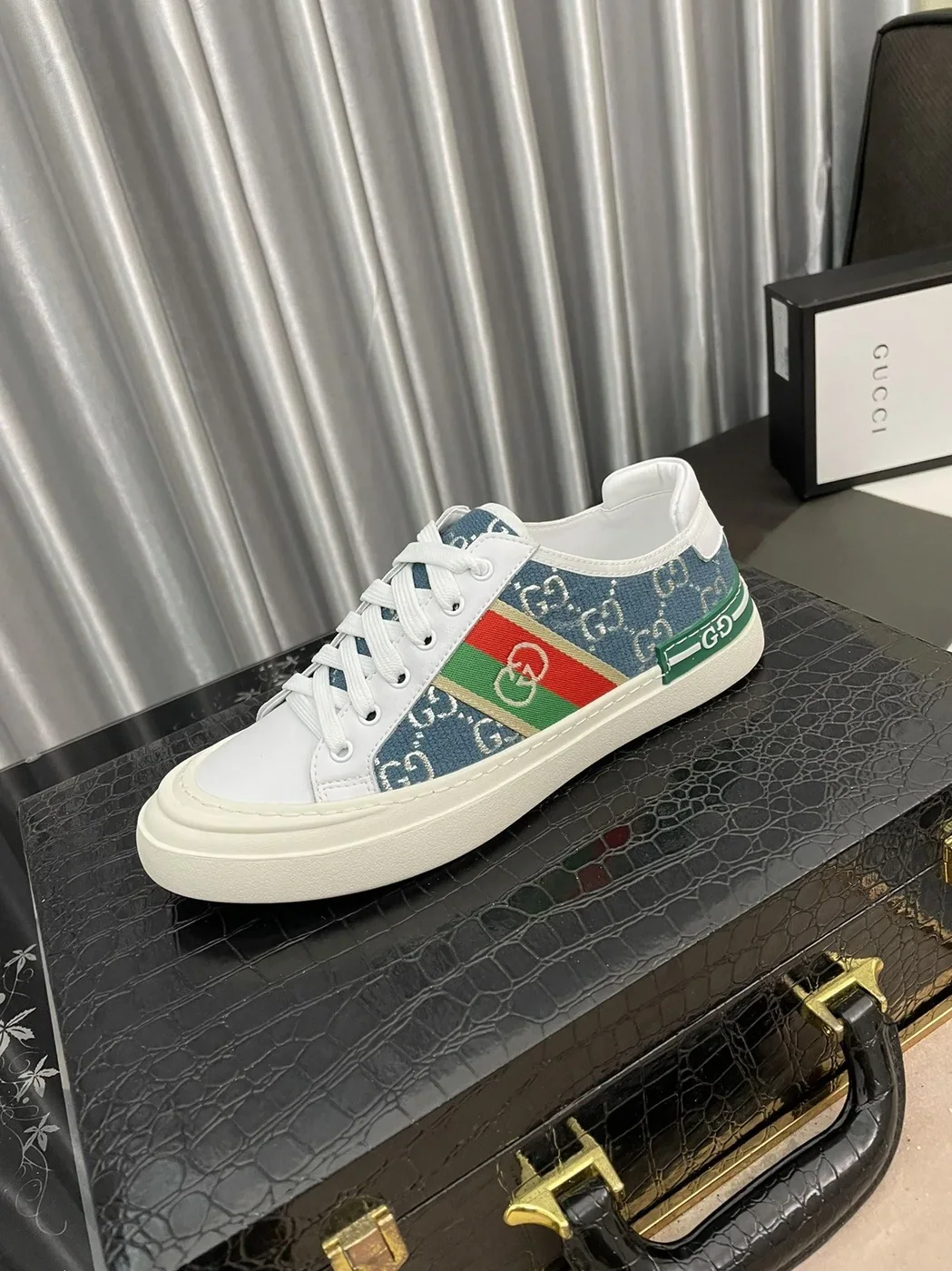 Gucci GG Embroidery Sneaker With Web White And Blue for Men