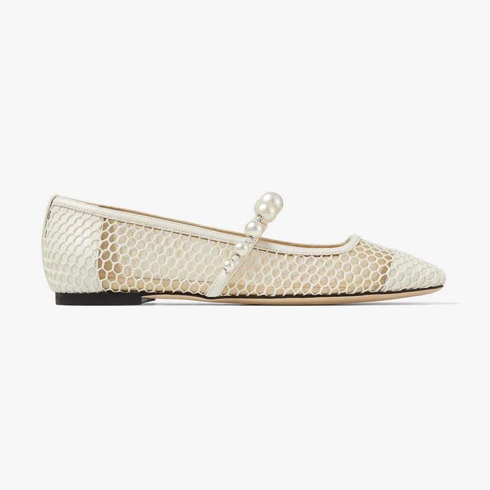 Jimmy Choo Ade Flat White Fishnet Mesh and Latte Nappa Flats with Pearl for Women in Embellished Strap