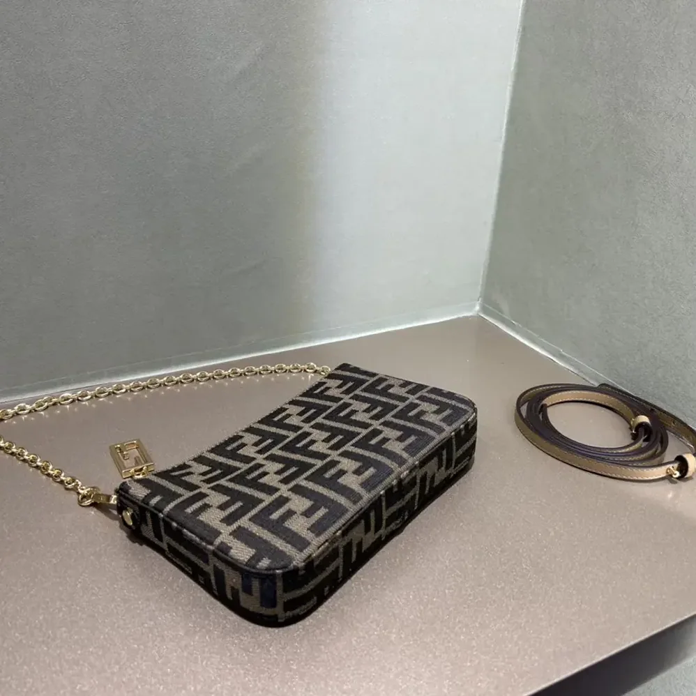 Fendi Baguette Pouch Brown Jacquard FF Fabric Clutch with Chain for Women