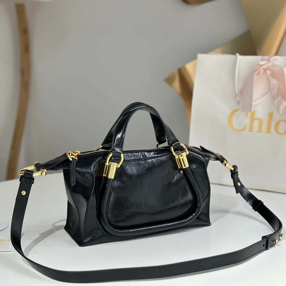 Chloe Small Paraty 24 Bag in Shiny Leather for Women in Black Chloe Small Paraty 24 Bag in Shiny Leather for Women in Black