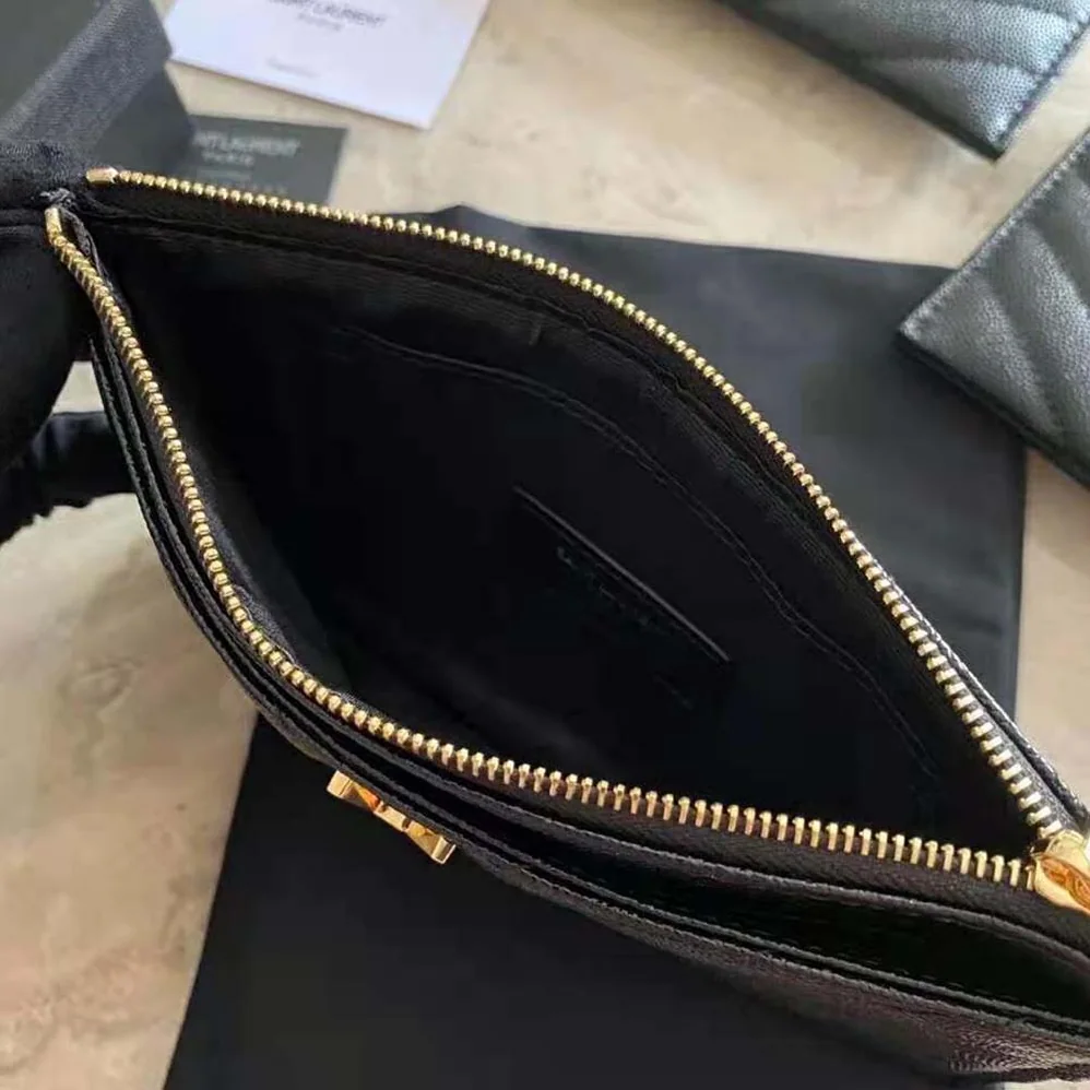 Saint Laurent YSL Monogram Bill Pouch in Grain DE Poudre Embossed Leather for Women in Black Saint Laurent YSL Monogram Bill Pouch in Grain DE Poudre Embossed Leather for Women in Black