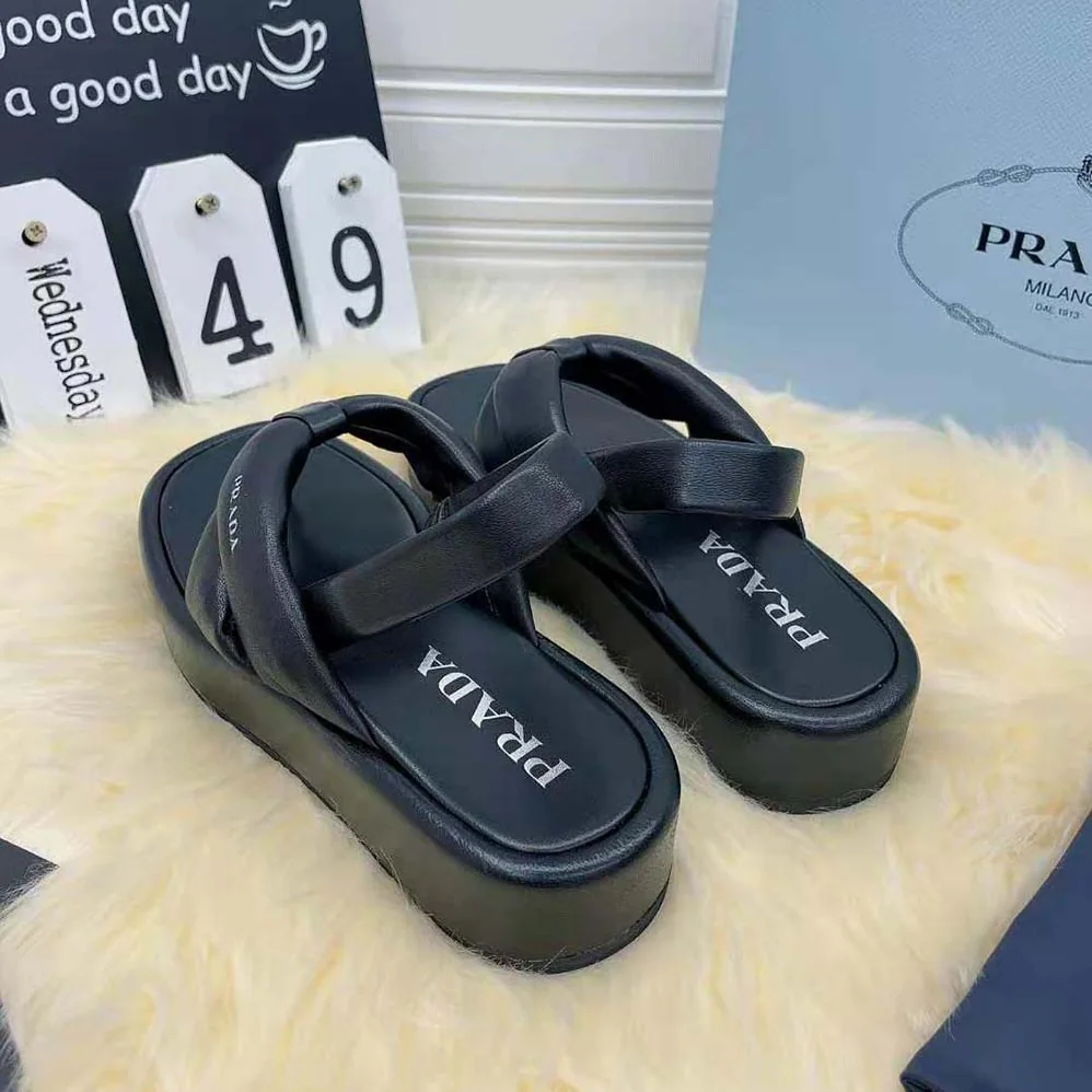 Prada Nappa Leather Thong Flatform Sandals for Women in Black